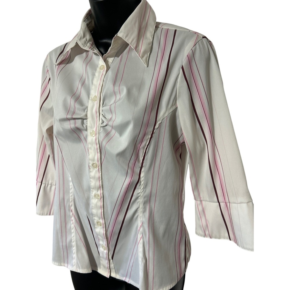 Cotton Express Y2K Striped Button Up Shirt 3/4 Sleeve White Pink Juniors Large‎